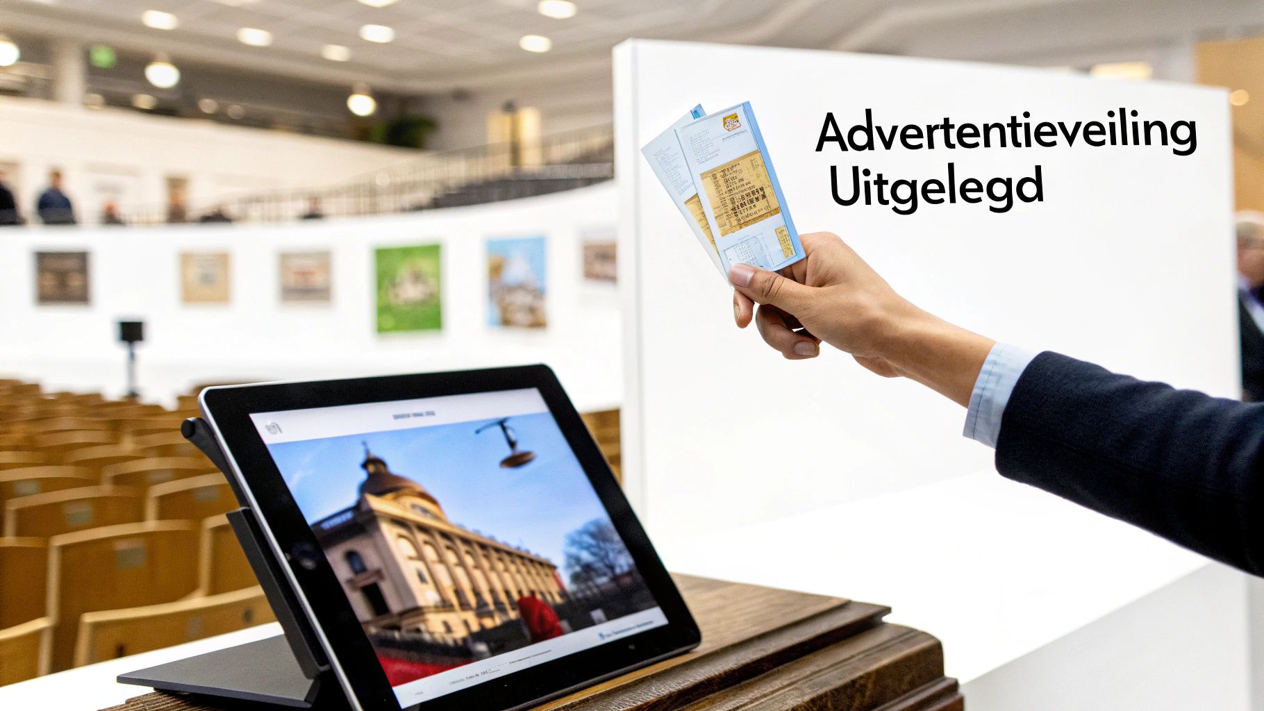Hand met tickets bij een bord over 'Advertentieveiling Uitgelegd' en een tablet in een evenementenruimte.