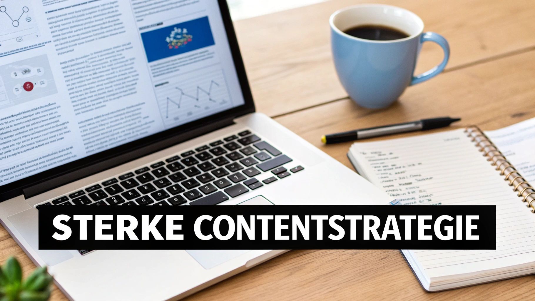 Laptop op een houten bureau met koffie, notitieboekje en de tekst 'Sterke Contentstrategie'.