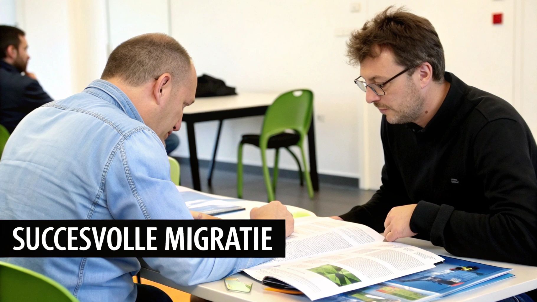 Twee mannen zitten aan een tafel en lezen geconcentreerd in boeken. Een tekstoverlay zegt 'Succesvolle Migratie'.