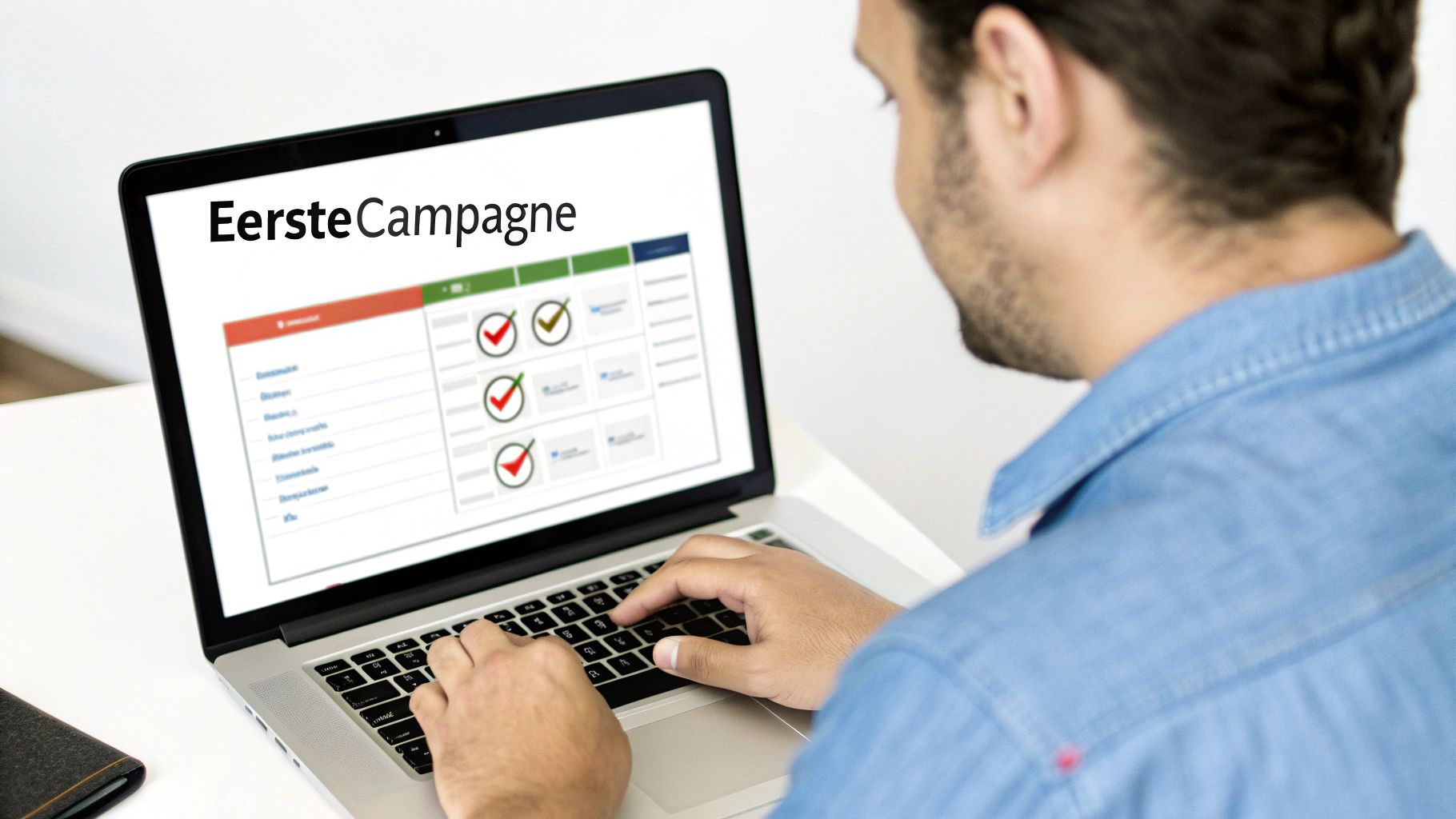 Man werkt op laptop aan een marketingcampagne met de titel 'EersteCampagne' en controleert voortgang.