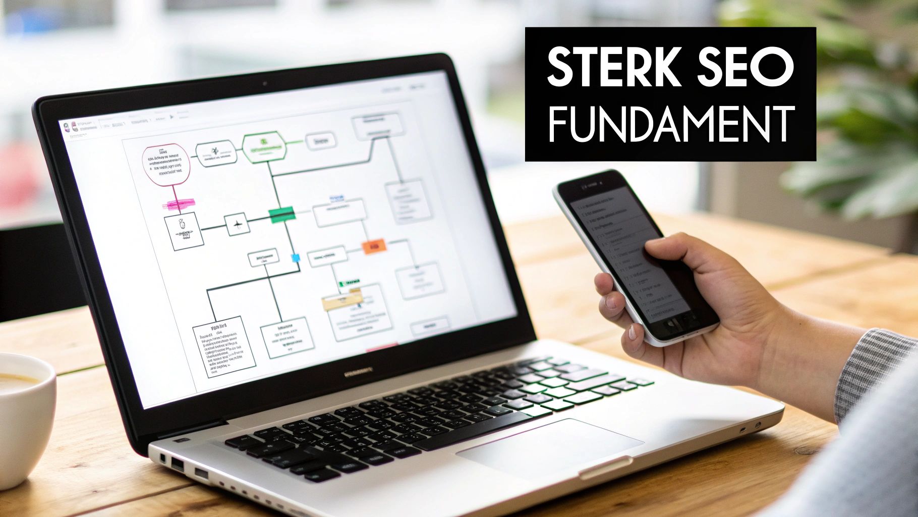 Een persoon werkt aan een laptop met een stroomdiagram, terwijl hij ook zijn smartphone gebruikt, met 'STERK SEO FUNDAMENT' tekst.