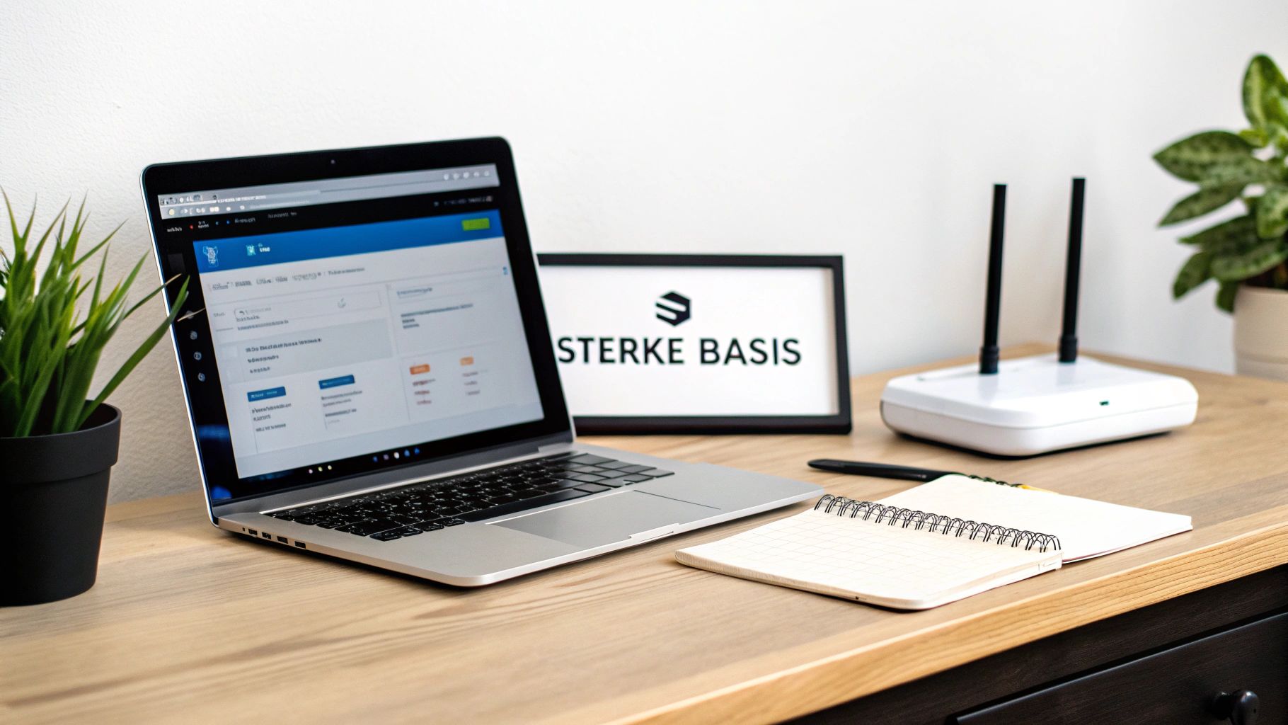 Laptop met website op houten bureau naast STERKE BASIS logo, router en notitieboek voor webshop maken
