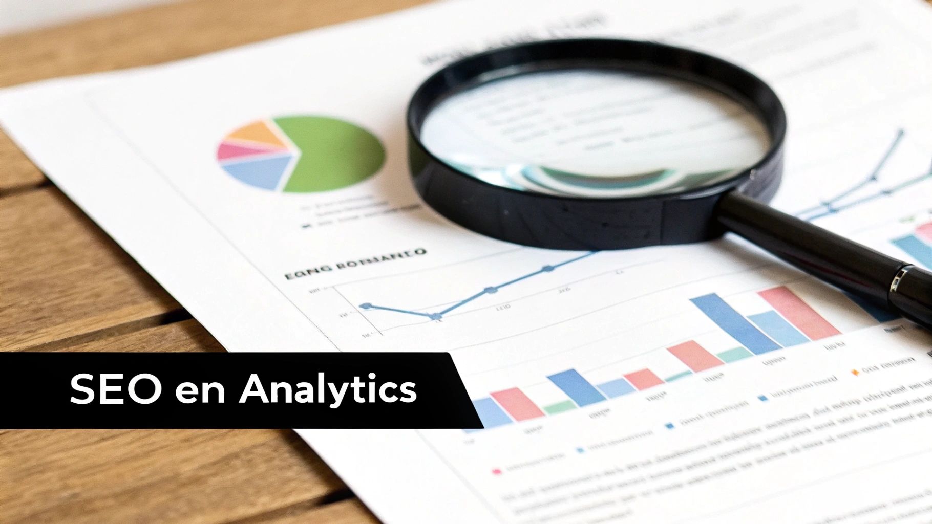 Gedetailleerd document met diverse grafieken en een vergrootglas, focus op SEO en Analytics gegevensanalyse.