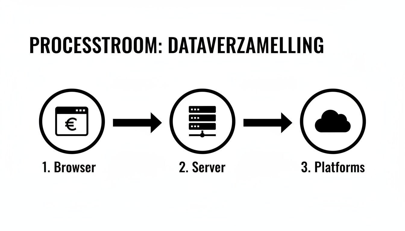 Processtroom van dataverzameling toont de stappen van browser, via server naar diverse platforms.