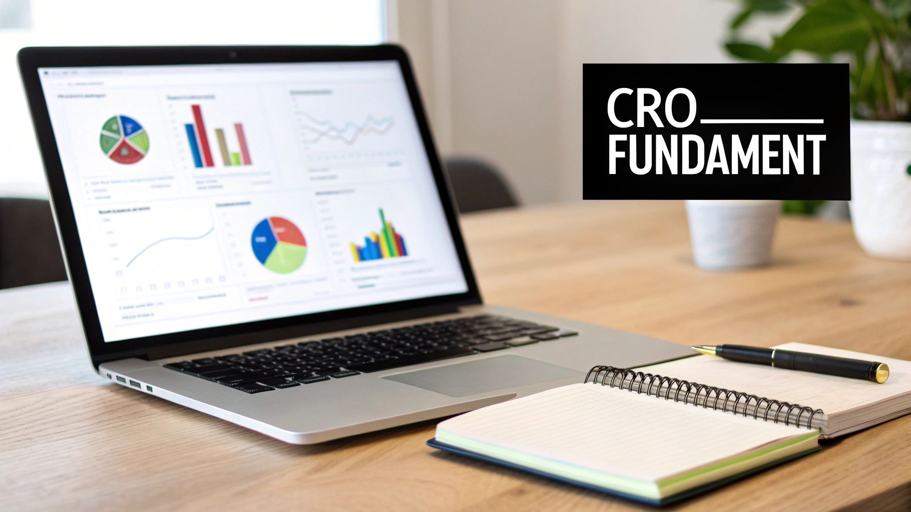 Een laptop op een houten bureau toont grafieken en tabellen, naast een notitieboek en pen. Het logo 'CRO FUNDAMENT' is zichtbaar.