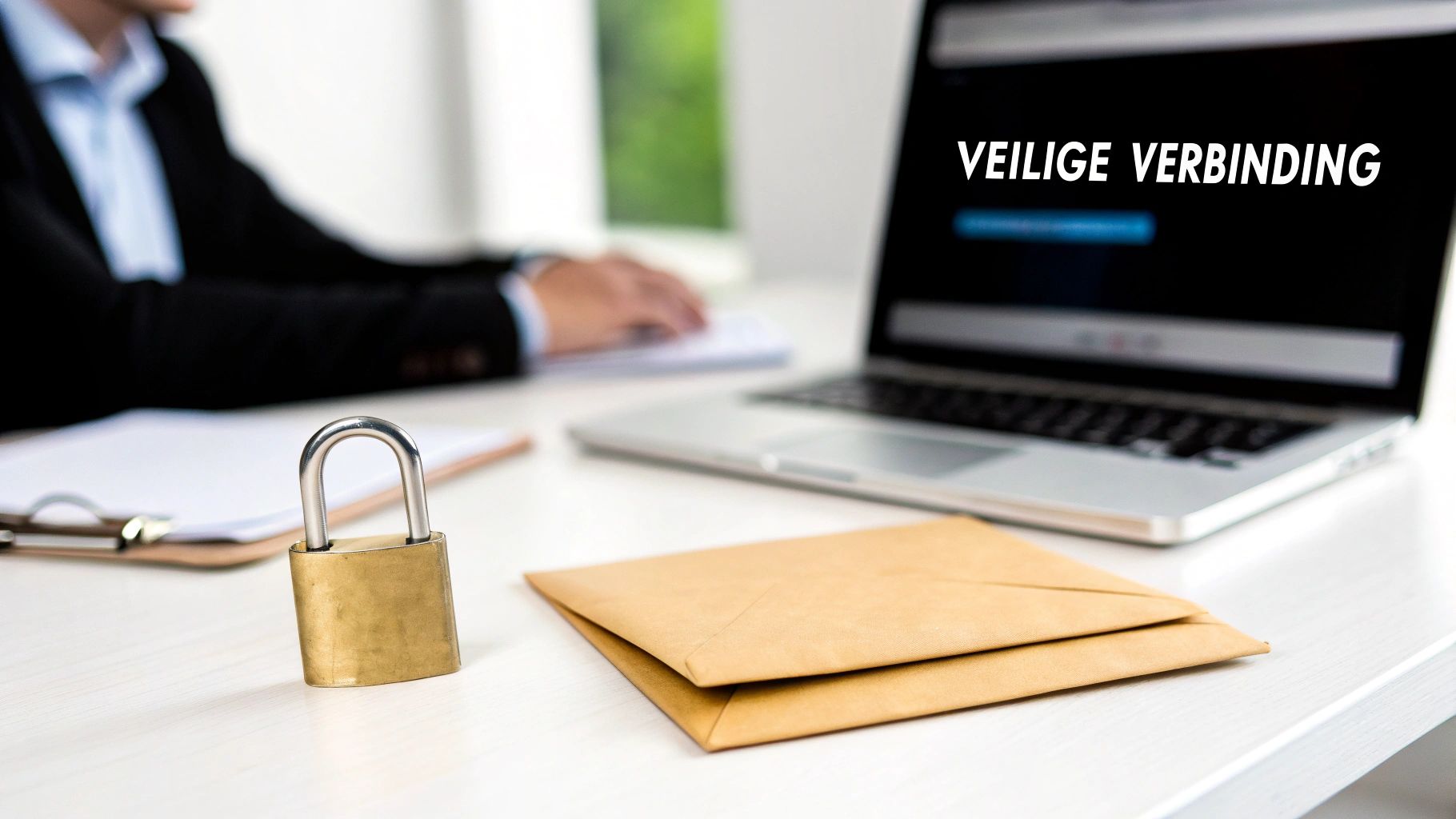 Een persoon werkt op een laptop met 'veilige verbinding' op het scherm, naast een hangslot en enveloppen op een bureau.
