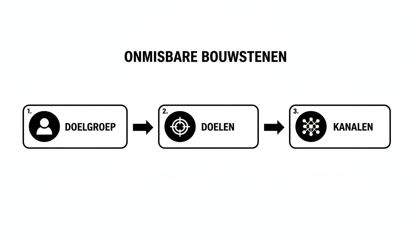 Stroomdiagram van onmisbare bouwstenen voor digitale marketing: doelgroep, doelen en kanalen.