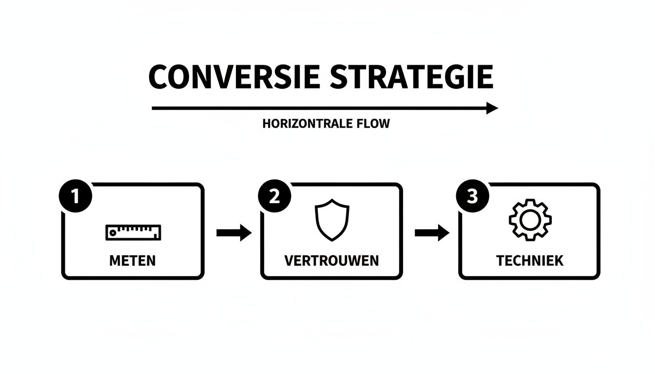 Een diagram van een conversiestrategie met een horizontale flow die de stappen meten, vertrouwen en techniek toont.