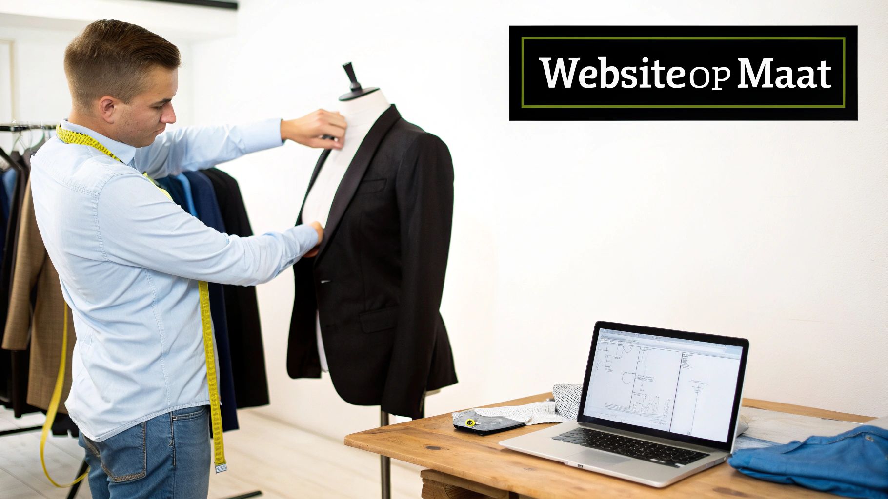 Kleermaker met meetlint past zwart colbert aan op mannequin naast laptop met ontwerpsoftware
