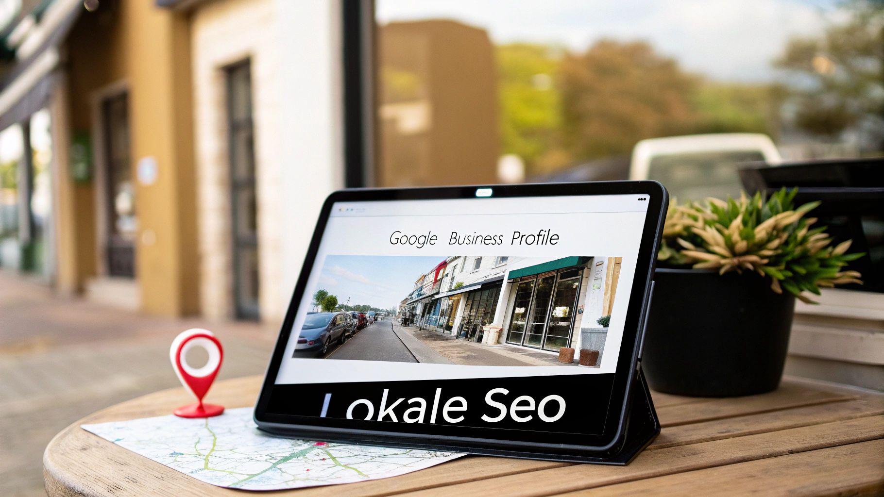 Een tablet met 'Google Business Profile' en 'Lokale SEO' tekst, naast een rode locatiepin op een kaart, op een houten tafel.
