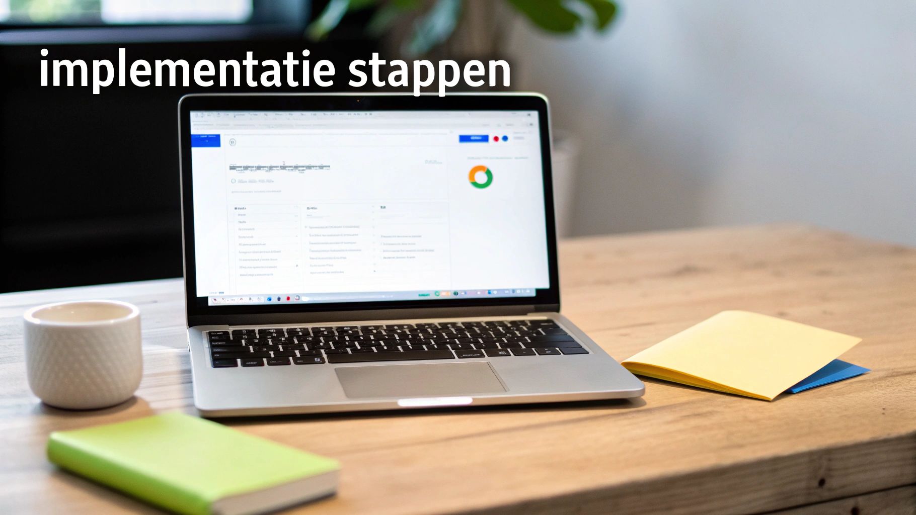Laptop op een houten bureau met een dashboard, vergezeld door een mok en boeken. Bovenaan staat de tekst 'implementatie stappen'.