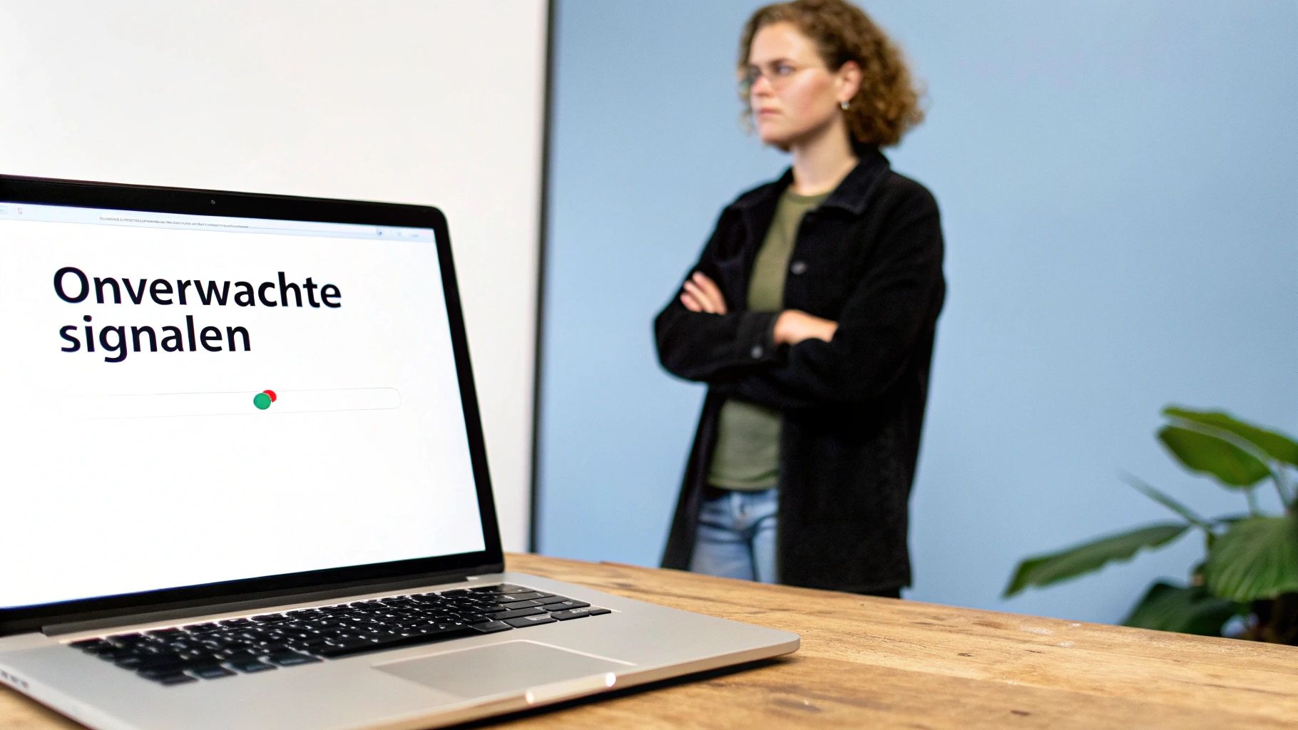 Laptop toont 'Onverwachte signalen' op scherm; een persoon met gekruiste armen staat in de achtergrond.