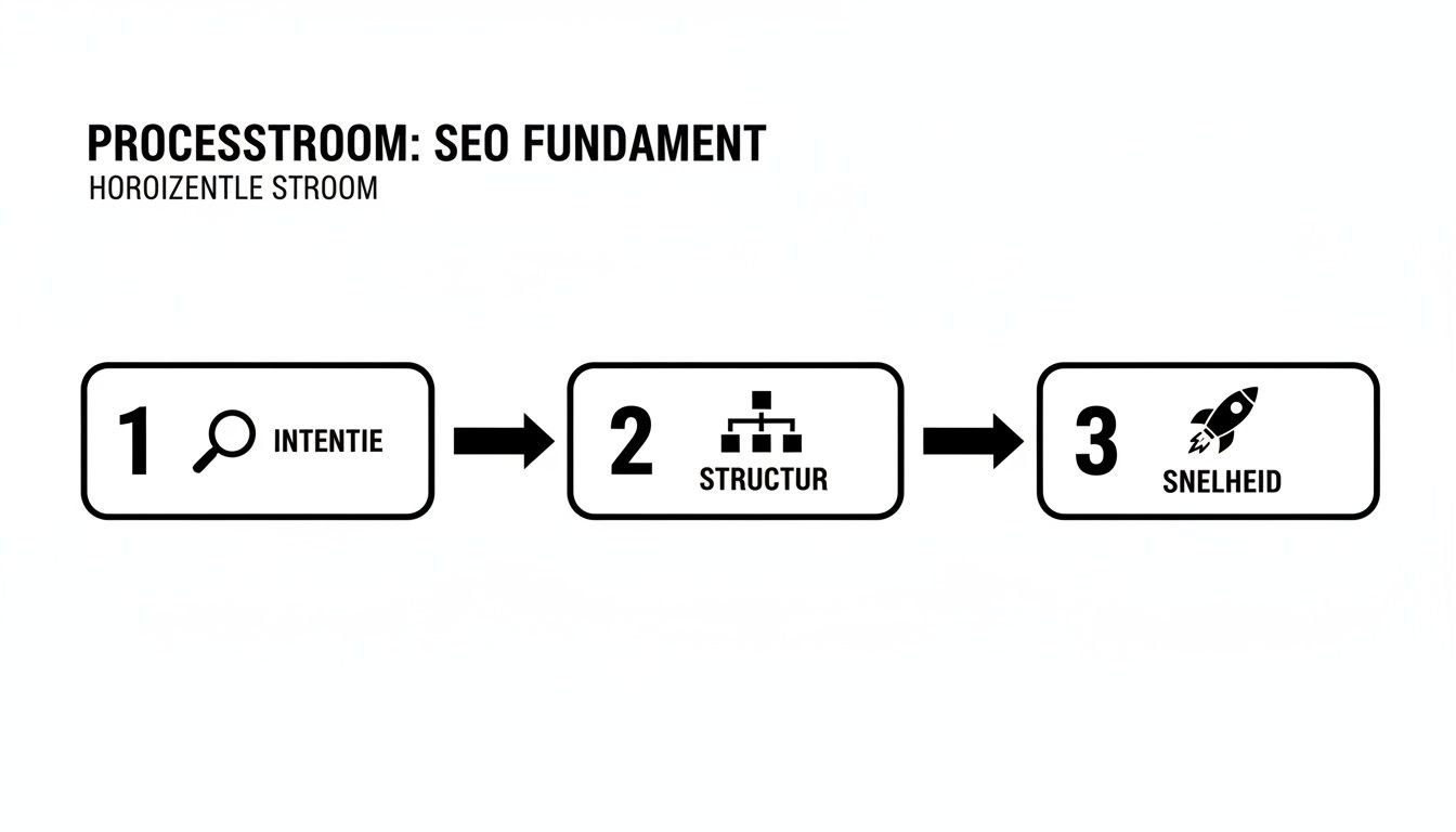 Horizontale processtroom die de drie fundamenten van SEO toont: intentie, structuur en snelheid.