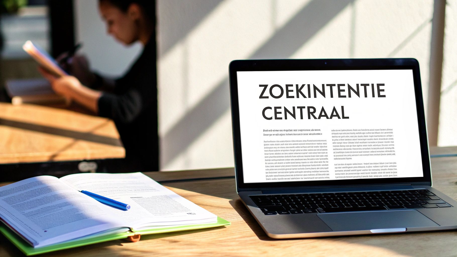 Een laptop met daarop 'ZOEKINTENTIE CENTRAAL' staat op een houten bureau, naast een open boek met een blauwe pen. Op de achtergrond is een persoon aan het studeren.