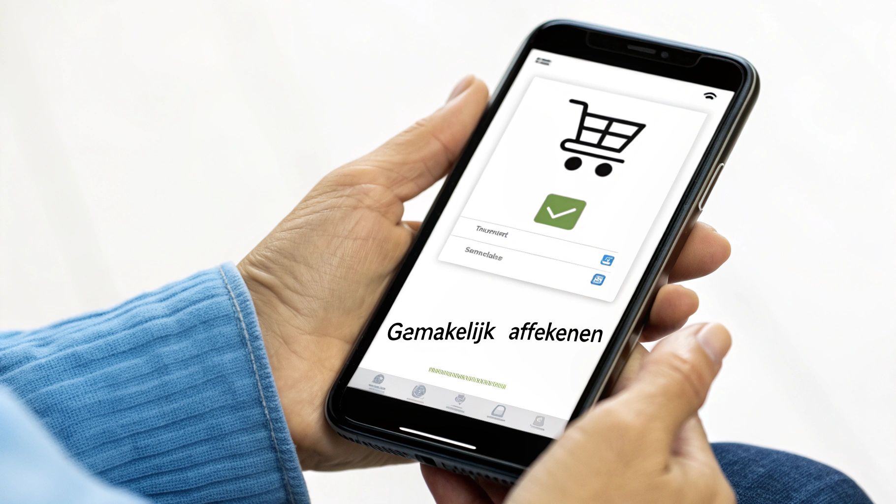 Persoon houdt smartphone vast met een winkelwagenicoon, groen vinkje en de tekst 'Gemakkelijk afrekenen' op het scherm.