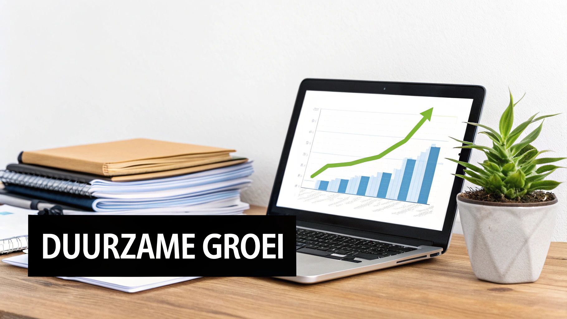 Een bureau met een laptop die een groeigrafiek toont, stapels documenten en een plantje. De tekst 'DUURZAME GROEI' is prominent aanwezig.