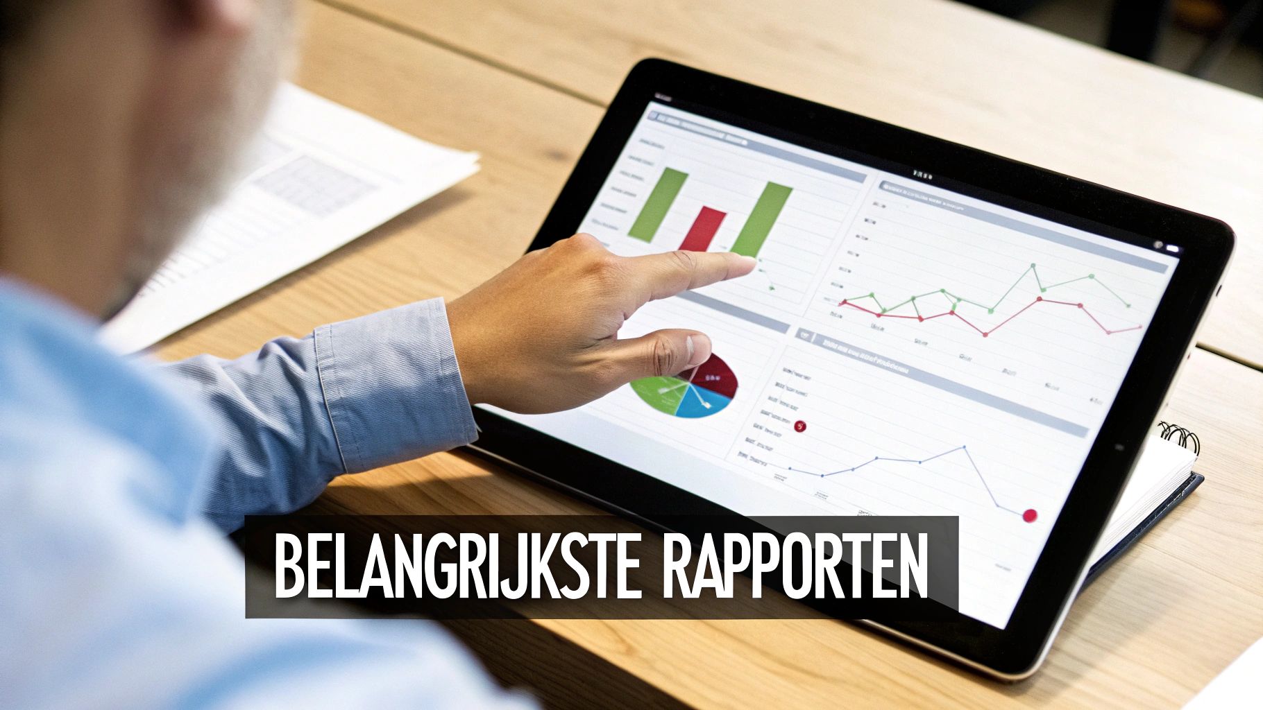 Een persoon bekijkt en wijst naar diverse grafieken en diagrammen op een tablet, met de tekst 'BELANGRIJKSTE RAPPORTEN'.