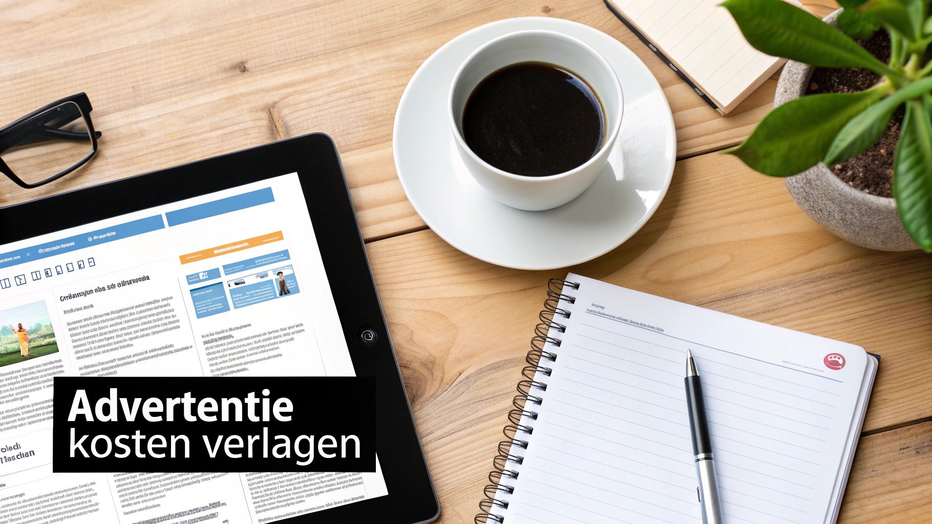 Een flat lay van een werkplek met tablet, koffie, notitieboekje en de tekst 'Advertentie kosten verlagen'.