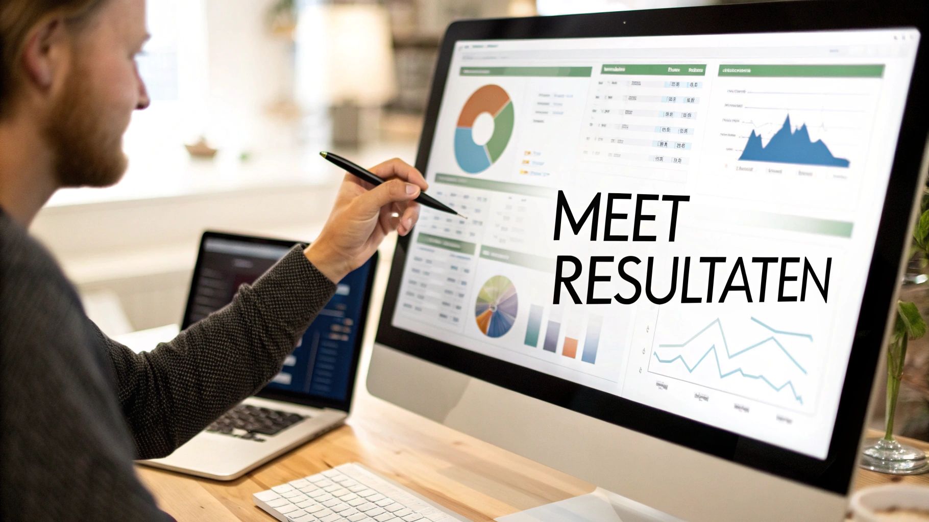Man wijst naar computerscherm met datavisualisaties en de tekst 'MEET RESULTATEN', wat succes en prestaties symboliseert.