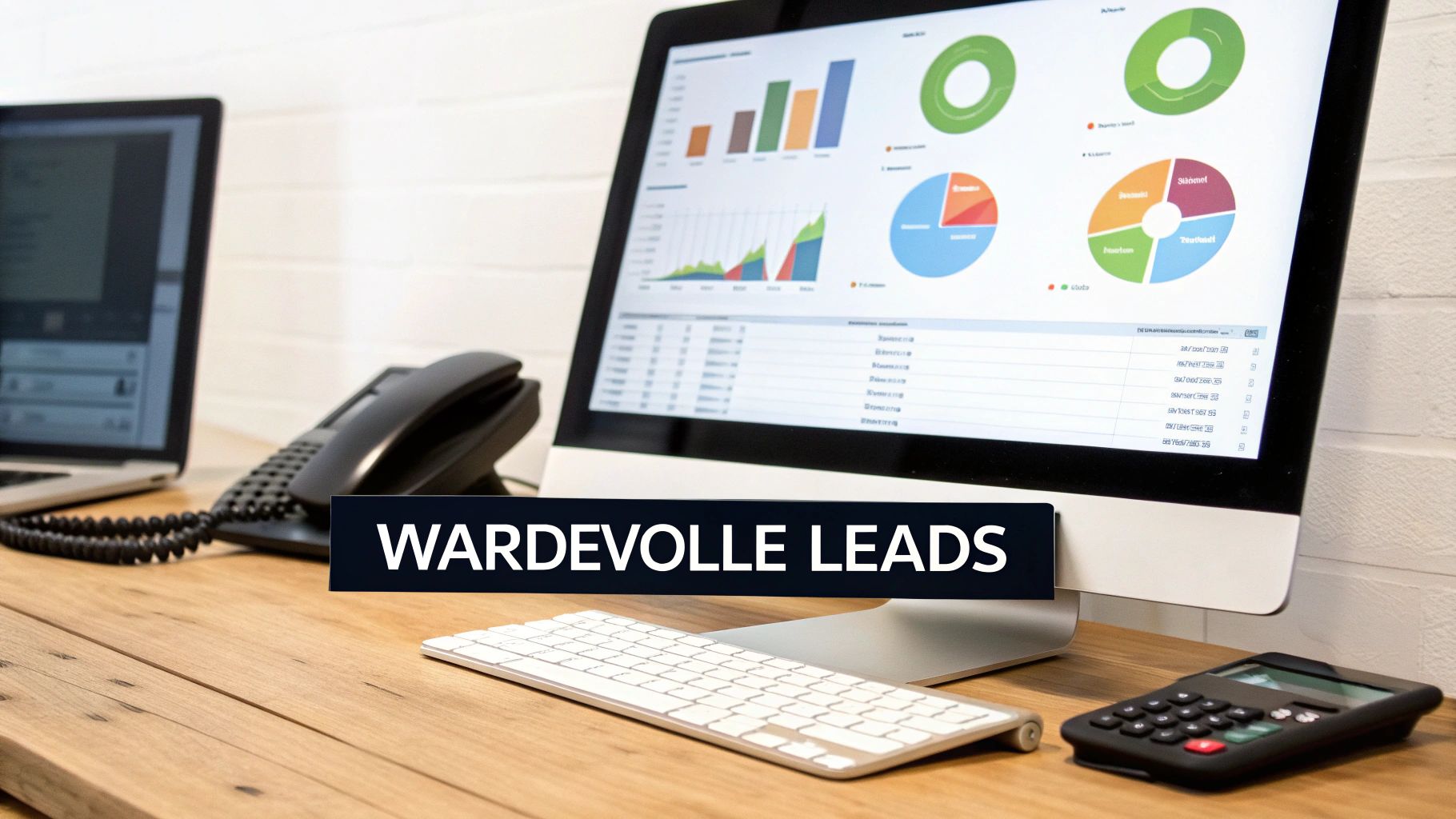 Een bureau met een monitor die waardevolle leads en marketingdata toont, samen met een laptop en telefoon.