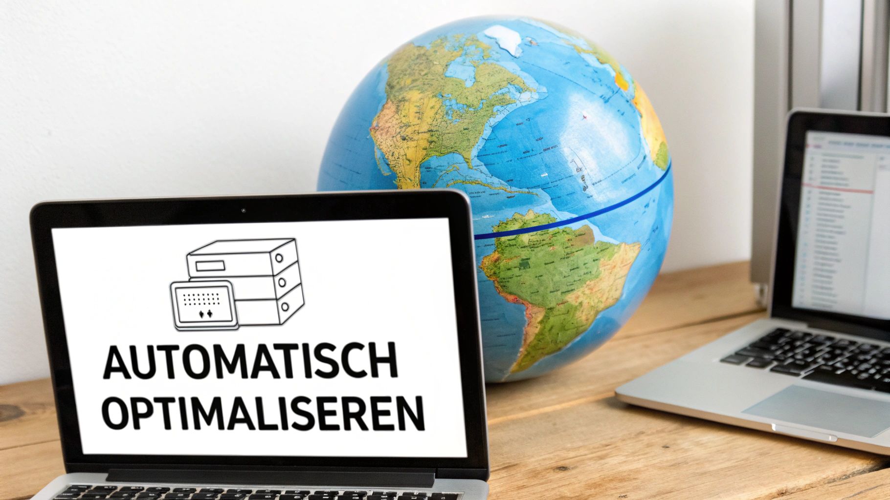 Laptop toont 'AUTOMATISCH OPTIMALISEREN' met server-icoon. Een wereldbol en tweede laptop staan op een houten bureau.