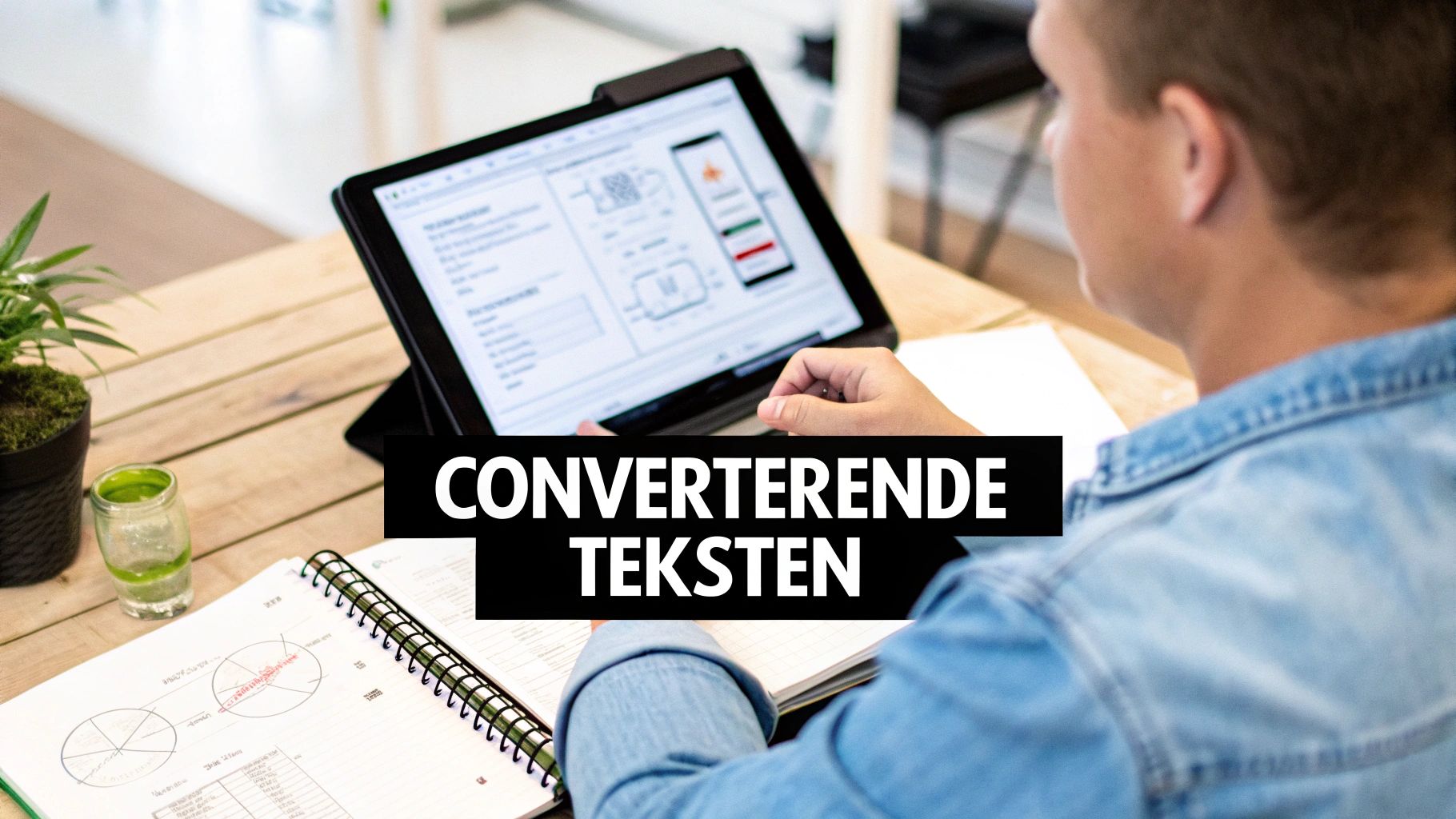 Man aan houten tafel met tablet en open notitieboek, focust op de tekst 'CONVERTERENDE TEKSTEN'.