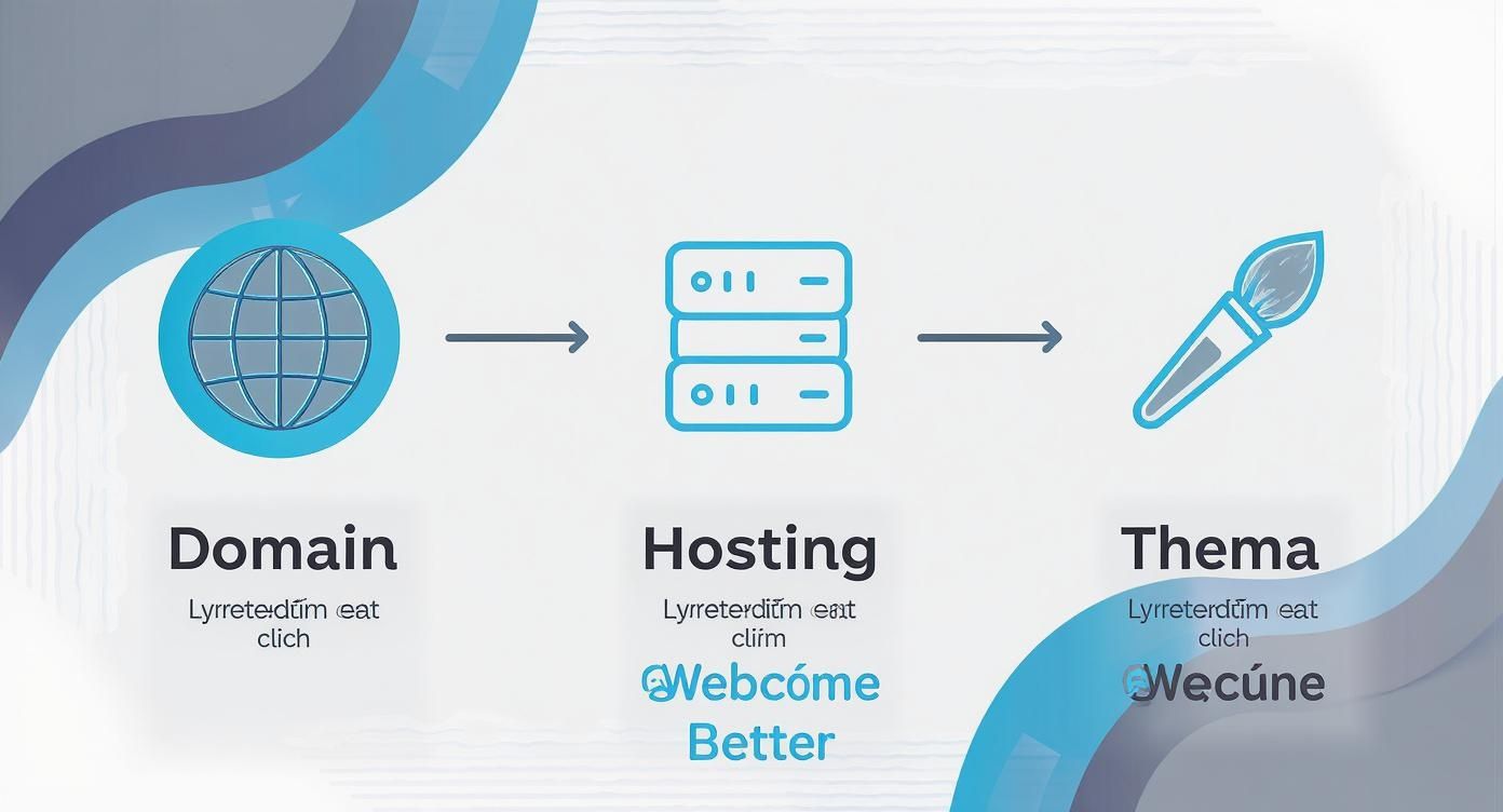 Diagram toont workflow van domein naar hosting naar thema voor website creatie