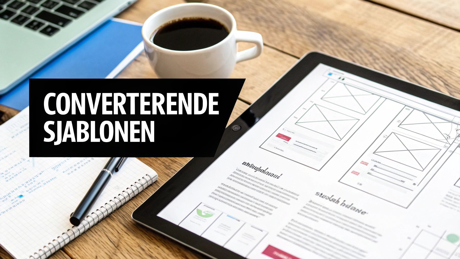 Een kantoorwerkplek met laptop, koffie, notitieblok en tablet met webdesign, plus de tekst 'CONVERTERENDE SJABLONEN'.