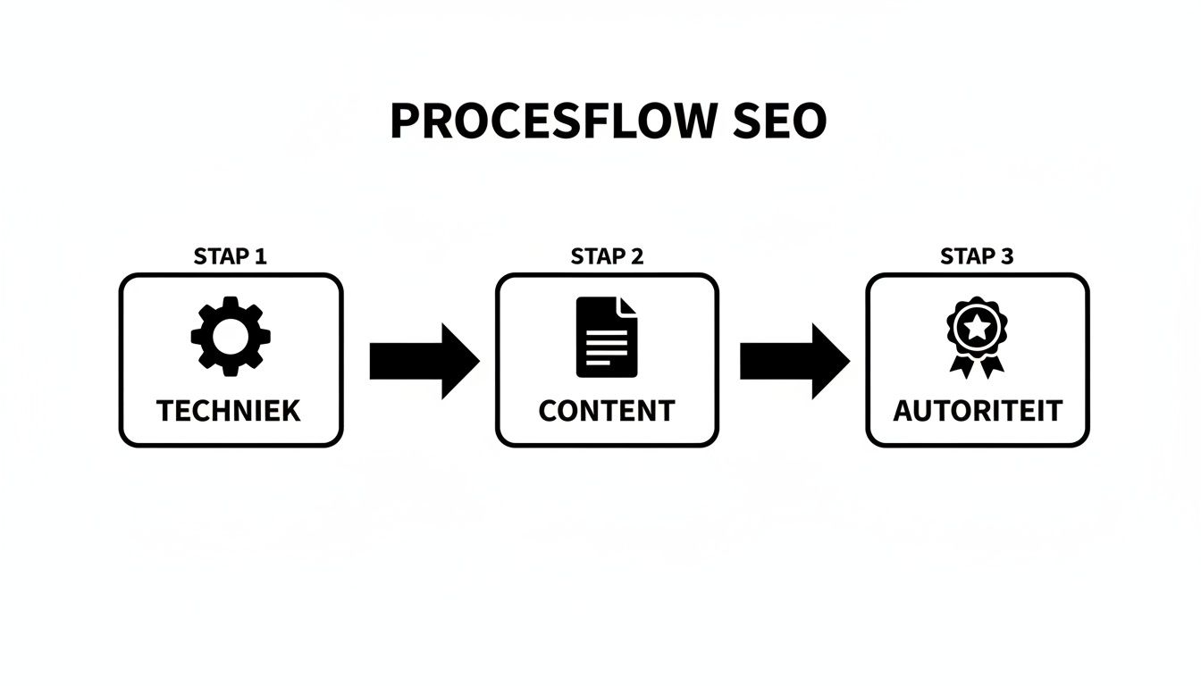 Procesflow SEO: stappen voor zoekmachine optimalisatie, bestaande uit techniek, content en autoriteit.