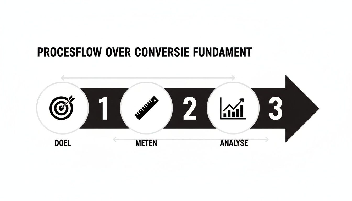 Procesflow over conversie fundament met stappen doel, meten en analyse, elk met bijbehorend icoon.