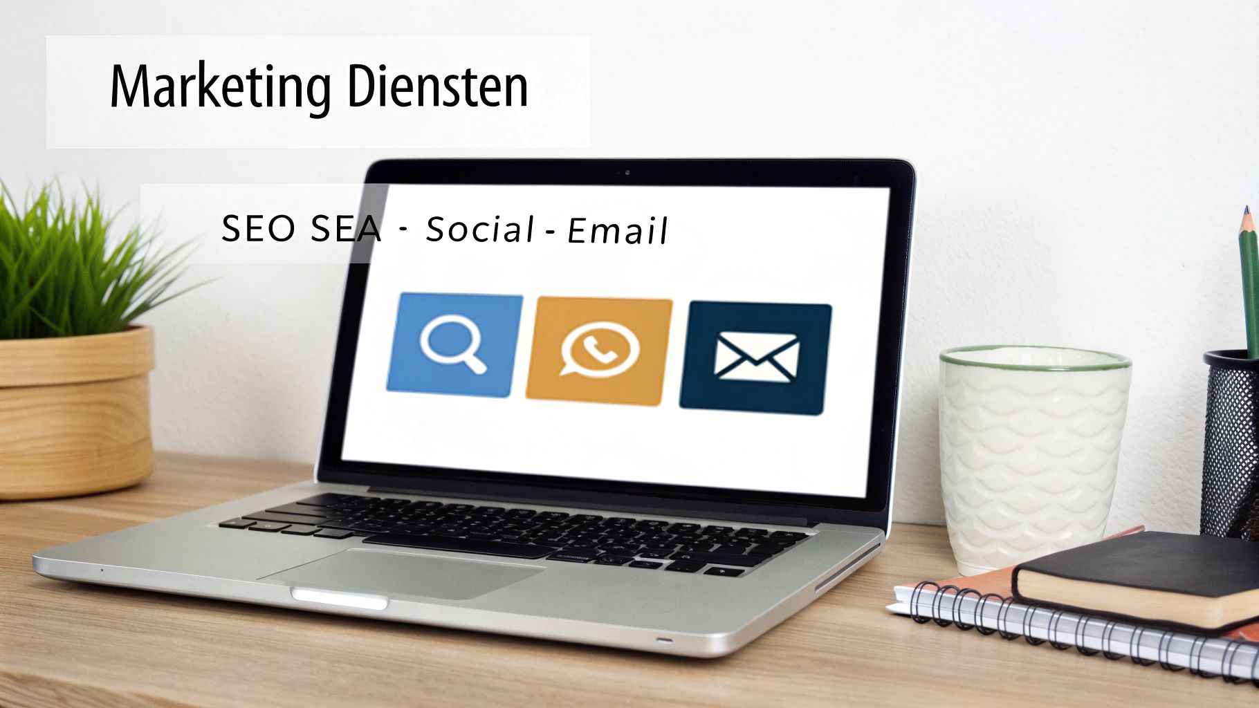Een laptop op een bureau toont 'Marketing Diensten', 'SEO SEA - Social - Email' en pictogrammen voor zoeken, sociaal en e-mail.