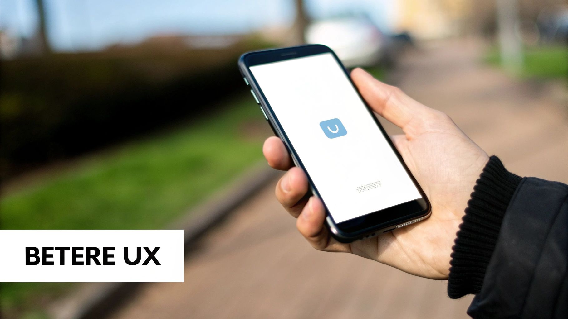 Een persoon houdt een smartphone vast met een app-logo op het scherm, buitenshuis, naast de tekst 'BETERE UX'.
