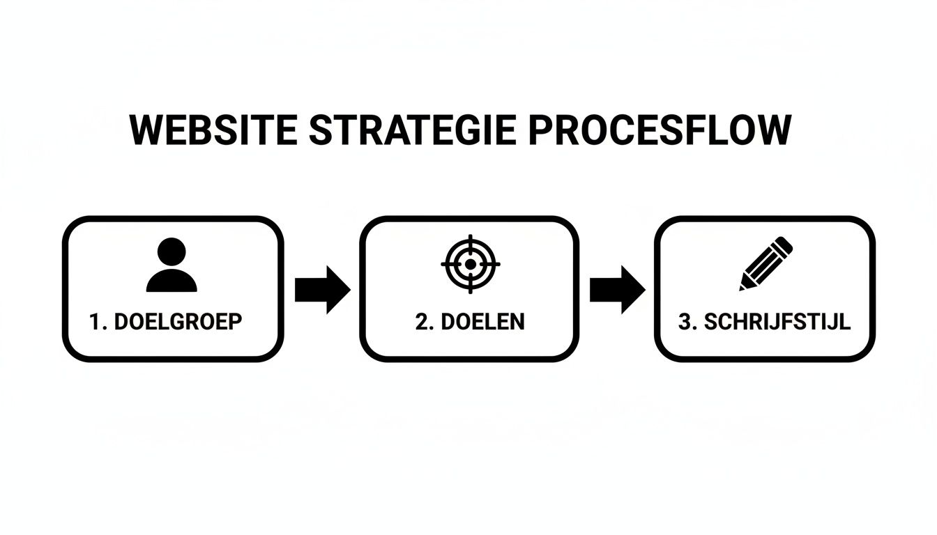 Overzicht van het website strategie procesflow met stappen voor doelgroep, doelen en schrijfstijl.