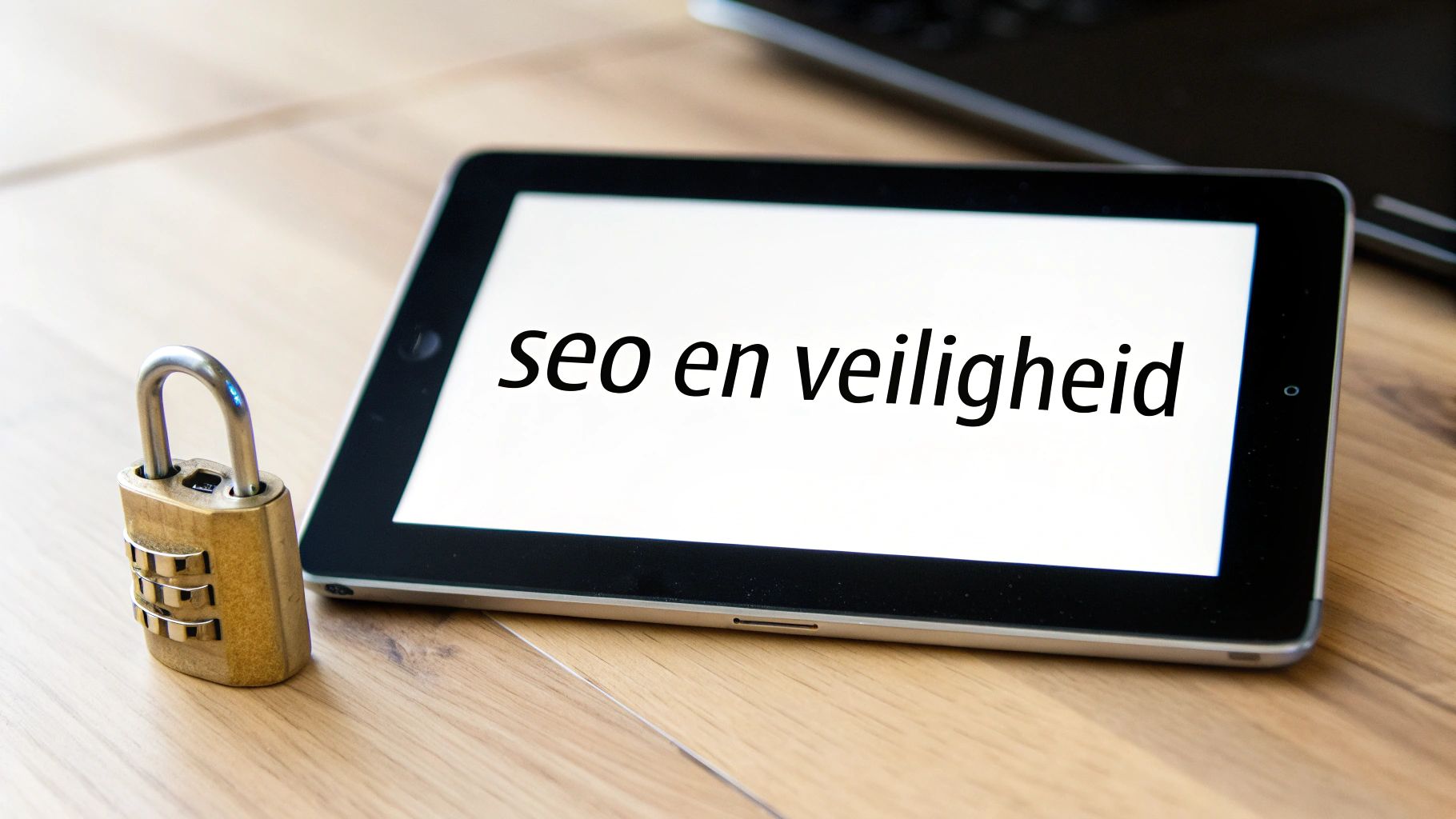 Een tablet met de tekst 'seo en veiligheid' staat naast een goudkleurig combinatieslot op een houten tafel, symbool voor digitale beveiliging.