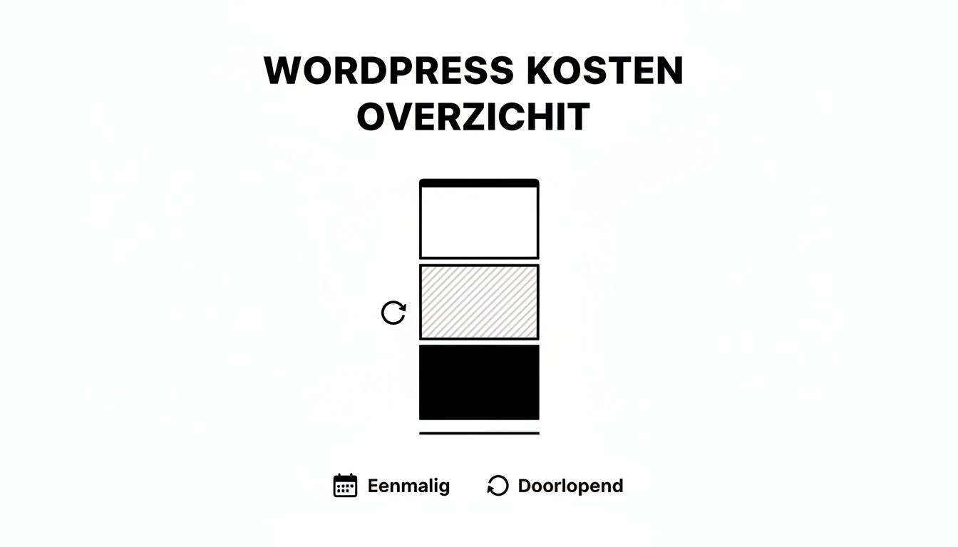 Overzicht van WordPress kosten, met pictogrammen die eenmalige en doorlopende uitgaven aanduiden.