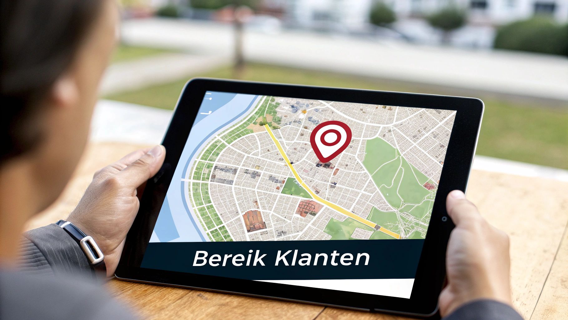 Persoon bekijkt interactieve kaart met locatiemarker op tablet voor route navigatie