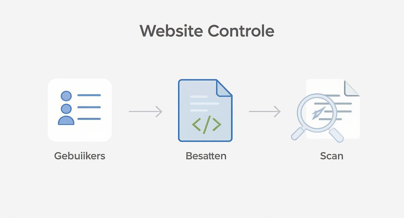 Schematische weergave van een website controle proces met stappen: gebruikers, bestanden en scan.