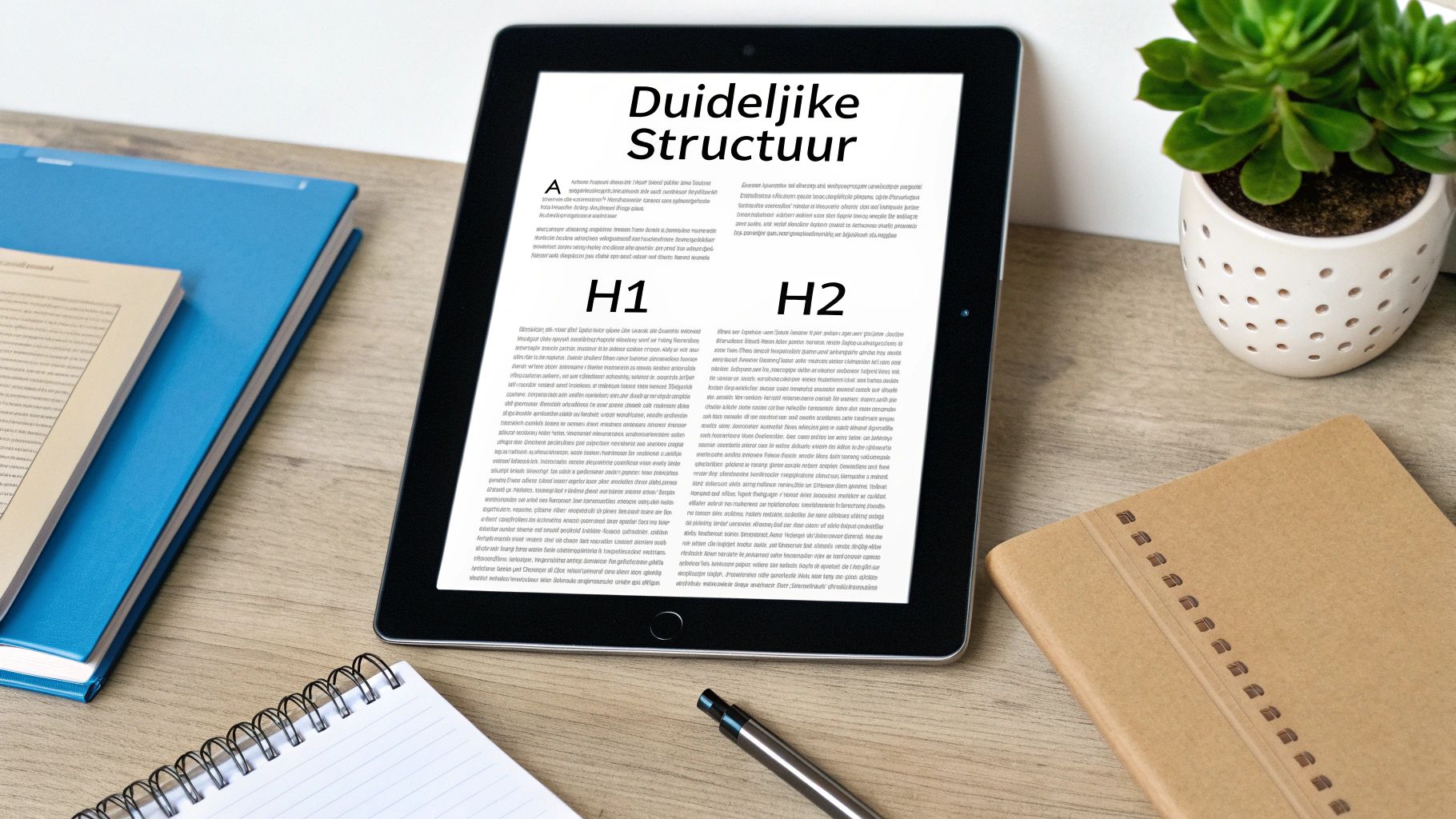 Een tablet toont tekst over 'Duidelijke Structuur', H1 en H2 headings, omringd door notitieboeken en een pen op een bureau.