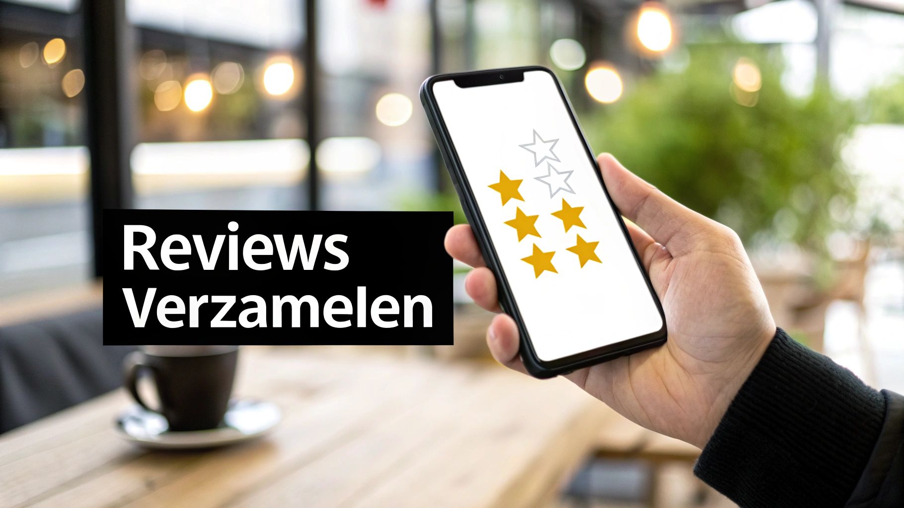 Hand houdt smartphone vast met sterbeoordelingen en de tekst 'Reviews Verzamelen' in een café-omgeving.