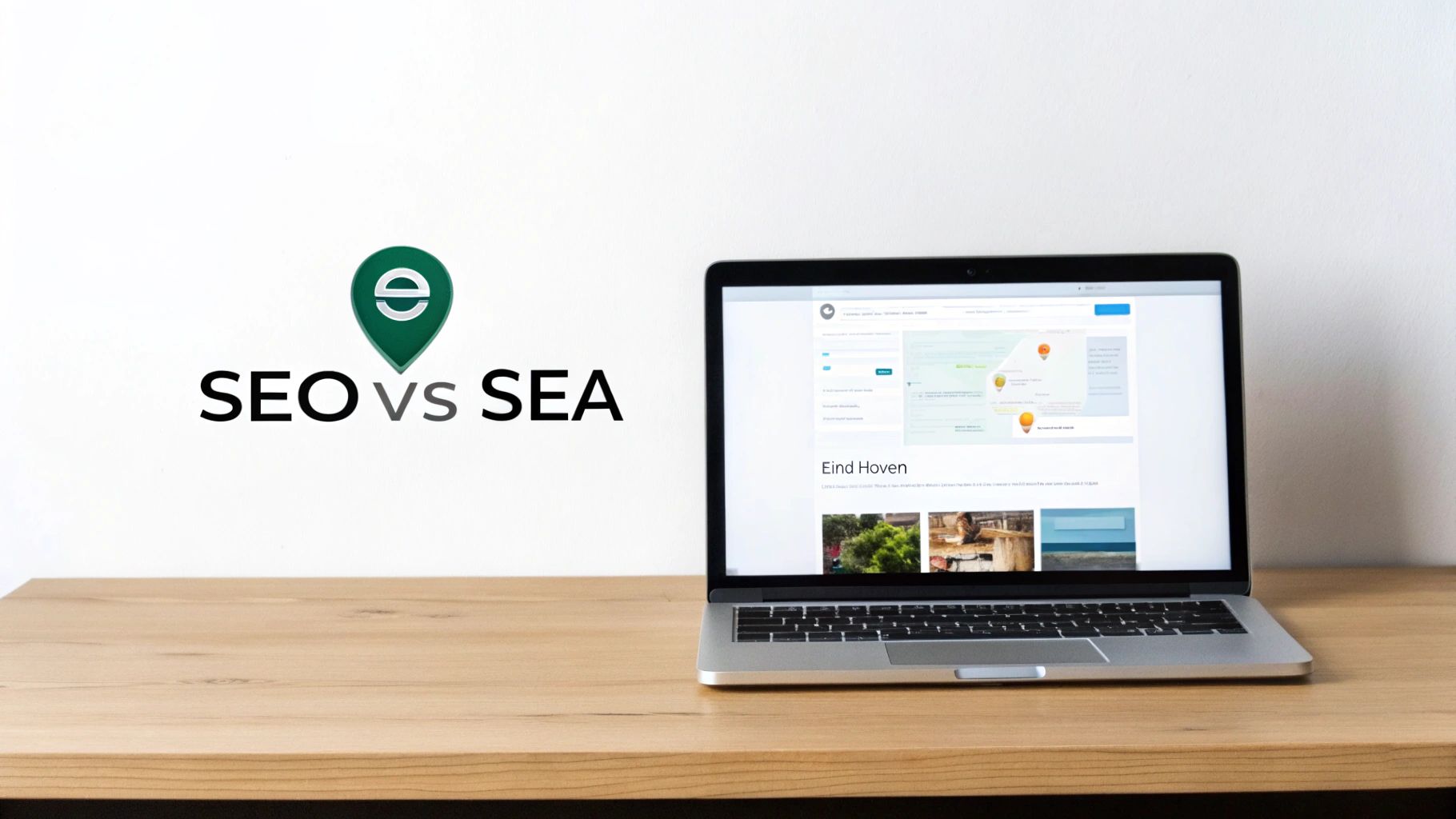 Laptop op houten bureau, witte muur met 'SEO vs SEA' tekst en pin-logo. Scherm toont een kaart en afbeeldingen.