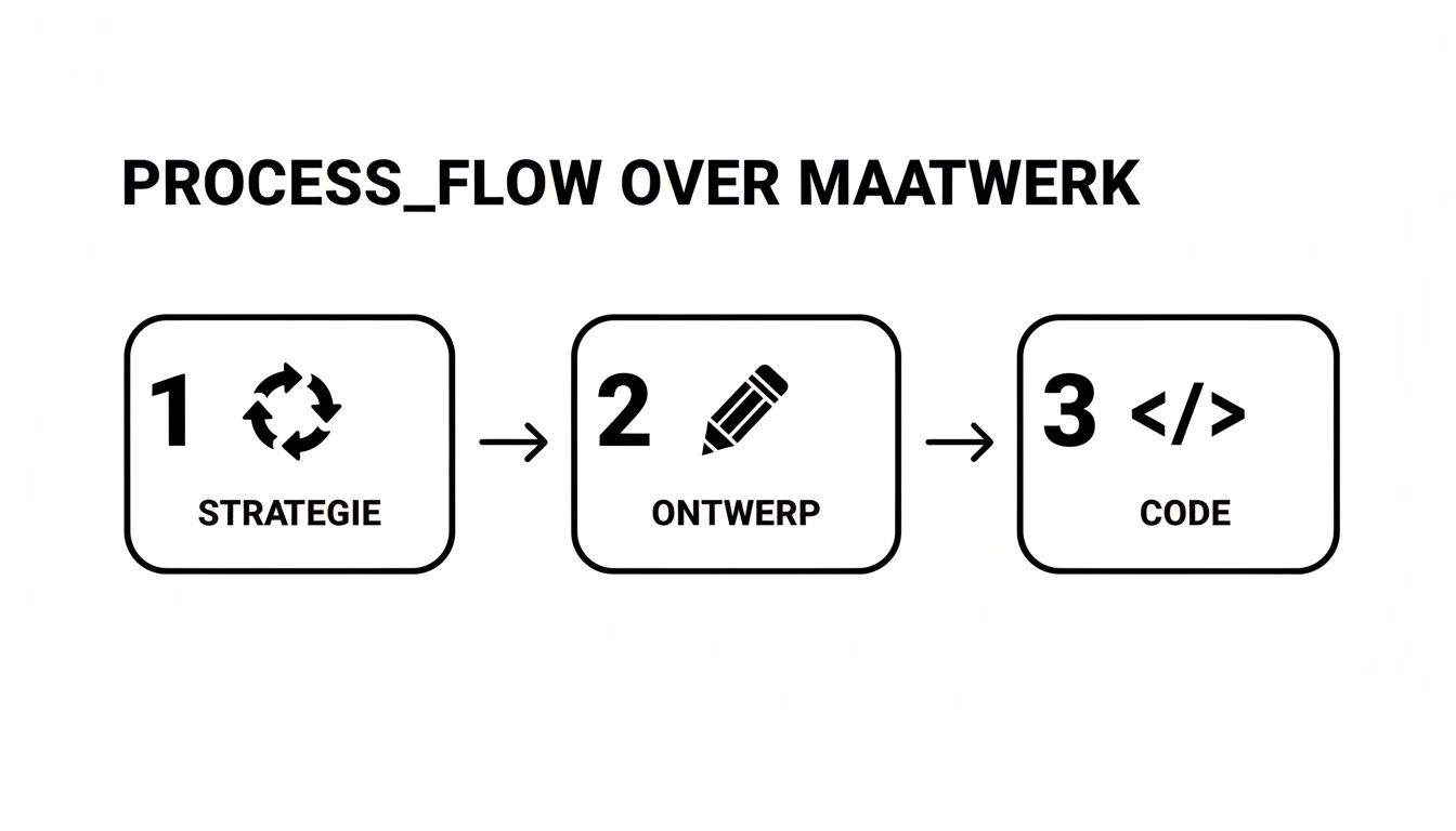 Een procesflow die de stappen strategie, ontwerp en code voor maatwerk websites illustreert.