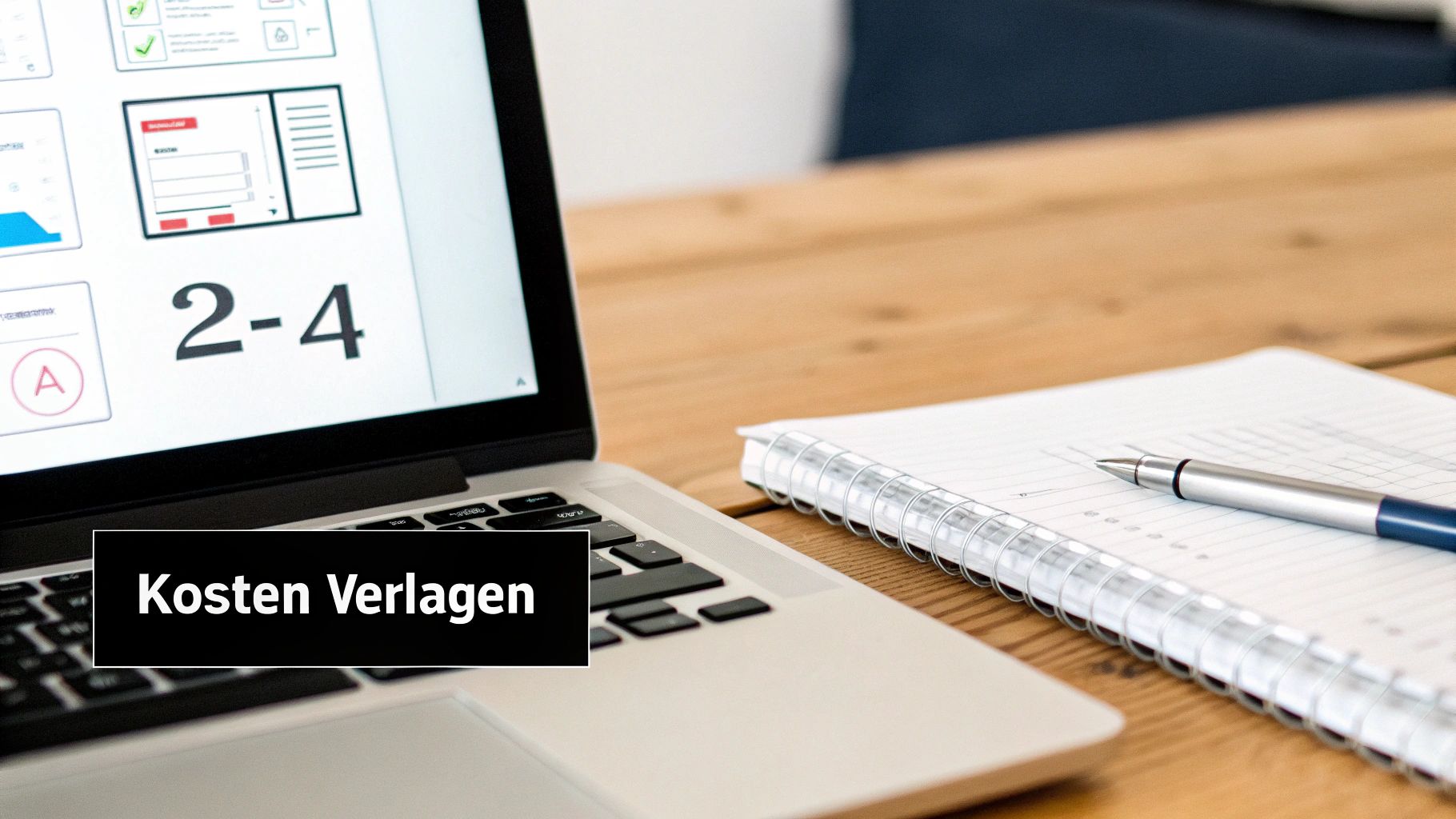 Een laptop op een houten bureau met een notitieboekje en pen, waarop ontwerpelementen worden weergegeven.