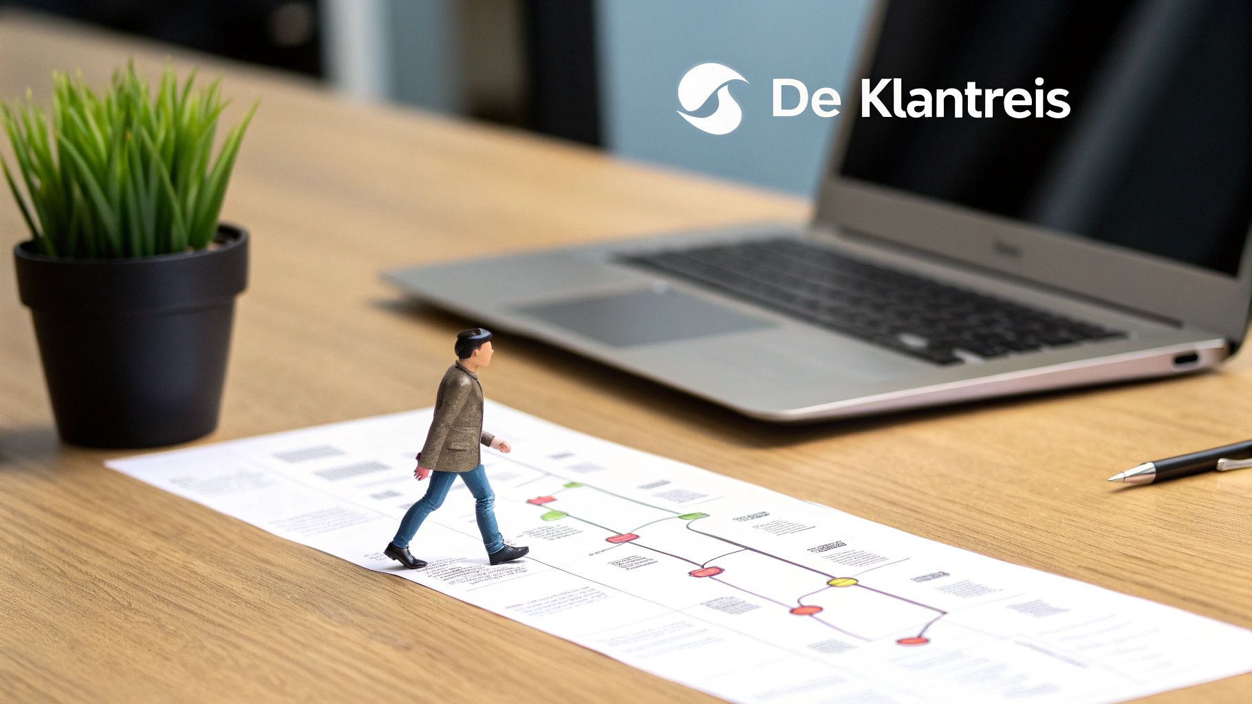 Miniatuurfiguur loopt over een klantreiskaart op een houten bureau, met laptop, plant en De Klantreis logo.
