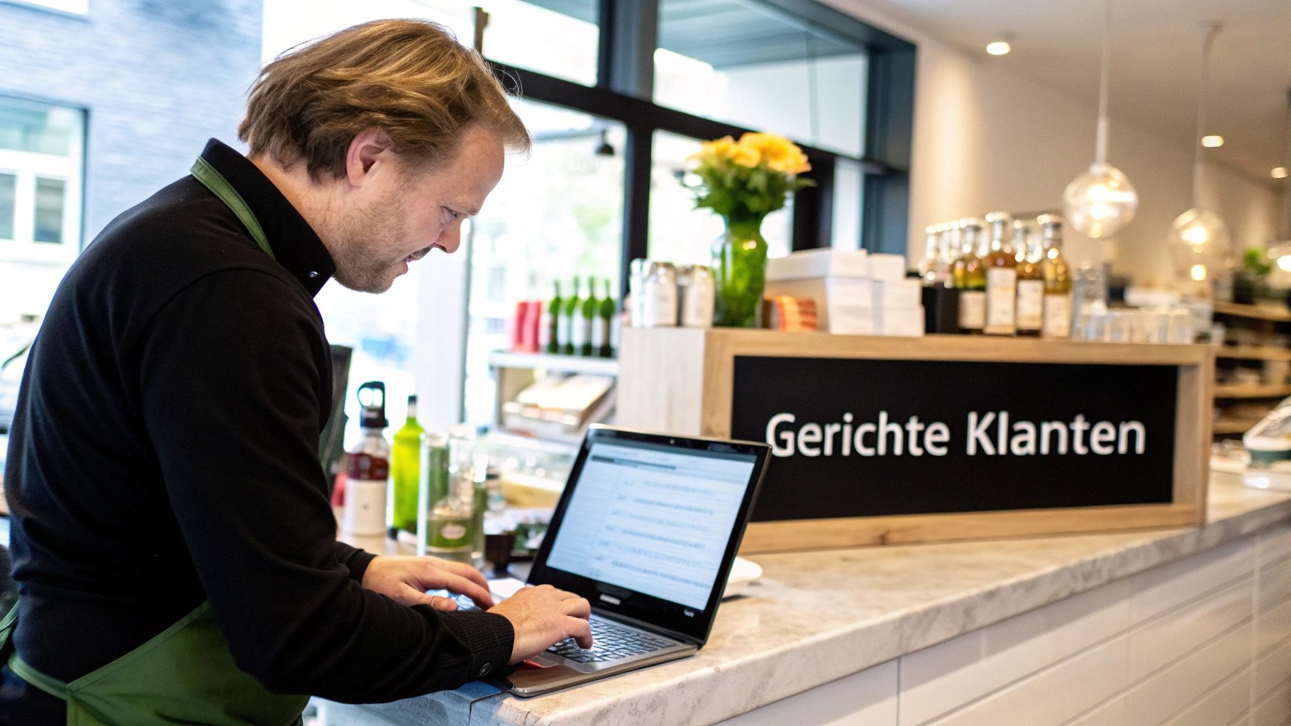 Een man in een zwart shirt en groen schort typt op een laptop aan een marmeren toonbank in een winkel.