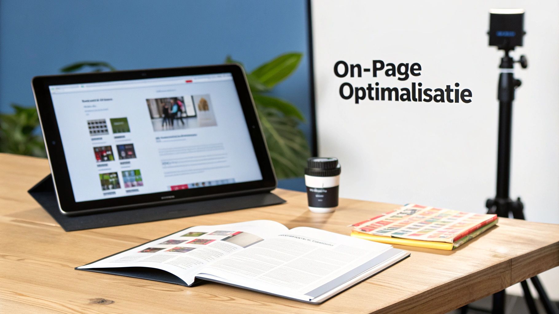 Een werkplek met een tablet, open boek en de tekst 'On-Page Optimalisatie' op de achtergrond, gericht op SEO.