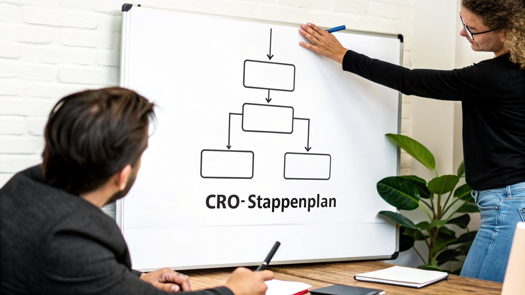 Vrouw legt CRO-stappenplan uit op whiteboard aan man die aantekeningen maakt tijdens een zakelijke meeting.