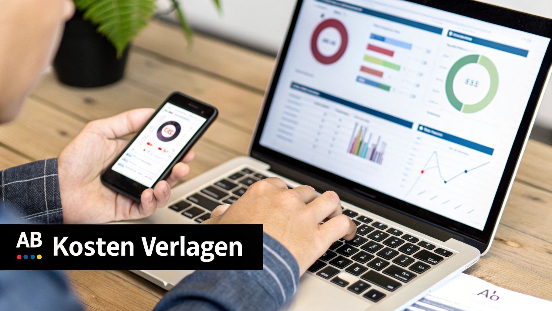 Iemand die een checklist afvinkt op een tablet, met symbolen voor targeting, A/B-testen en budgetoptimalisatie op de achtergrond.