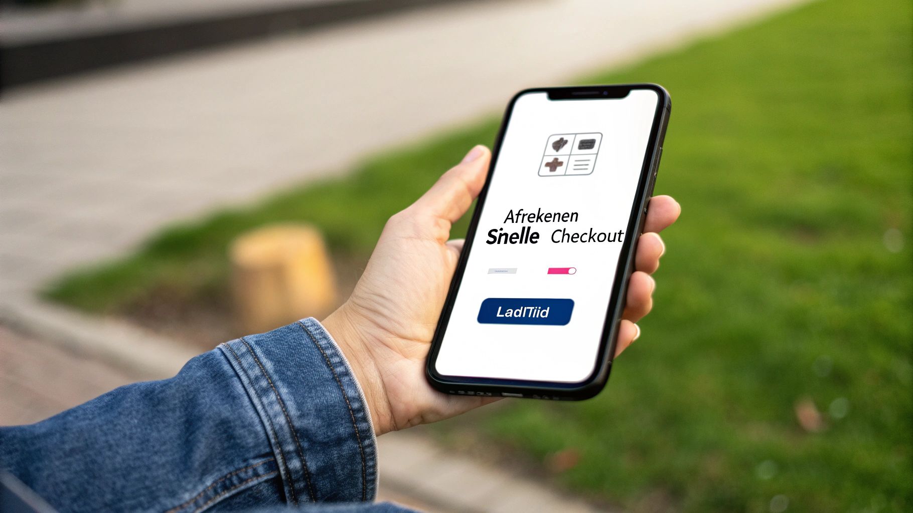 Een hand houdt een smartphone vast met een app die 'Snelle Checkout' en een 'LadTijd' knop toont.