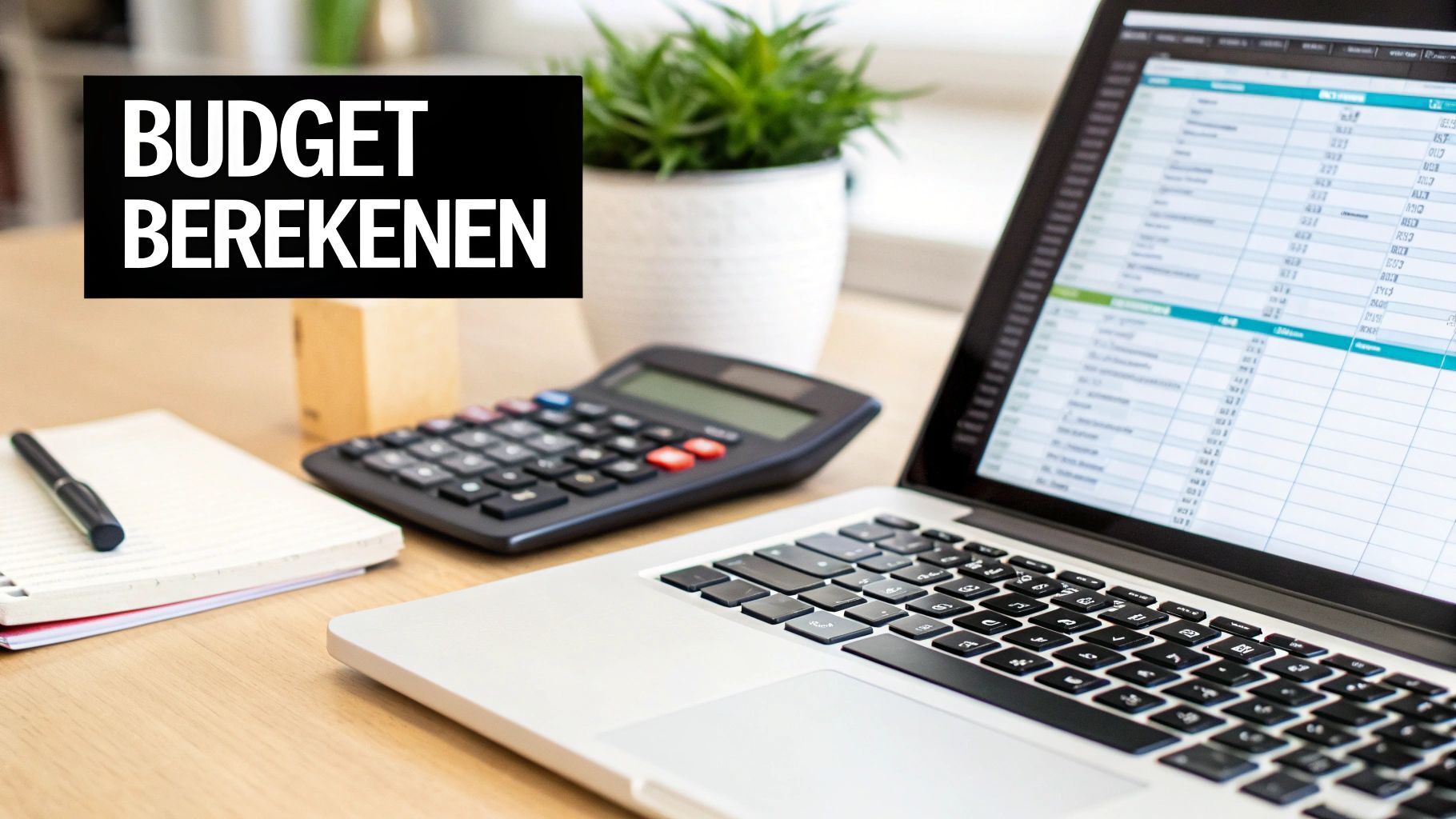 Laptop met spreadsheet, rekenmachine en notebook op bureau. Tekst: 'BUDGET BEREKENEN' voor financiële planning.