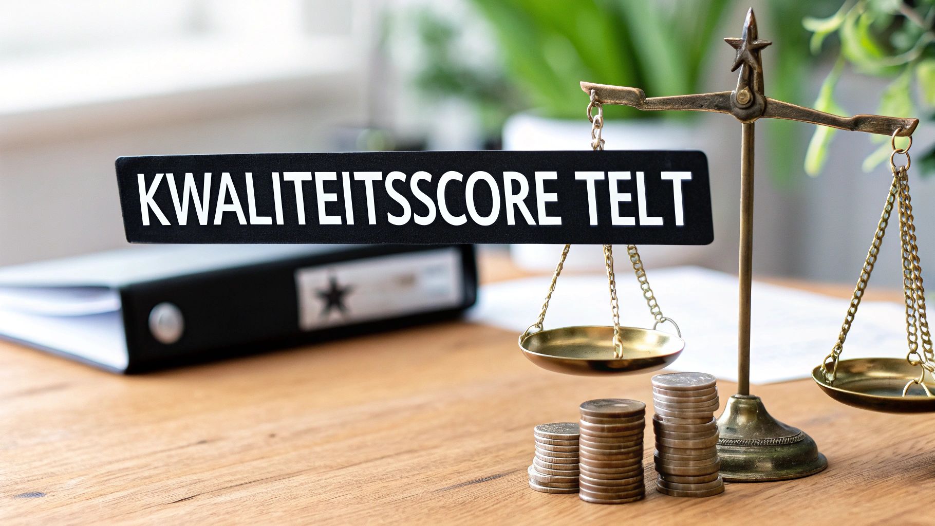 Een zwart bord met de tekst 'KWALITEITSSCORE TELT' hangt boven een weegschaal met munten op een houten bureau.